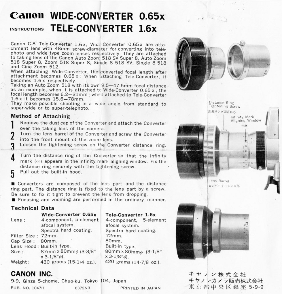 Canon Tele-Converter 1.6x, Wide-Converter 0.65x Super 8 movie camera